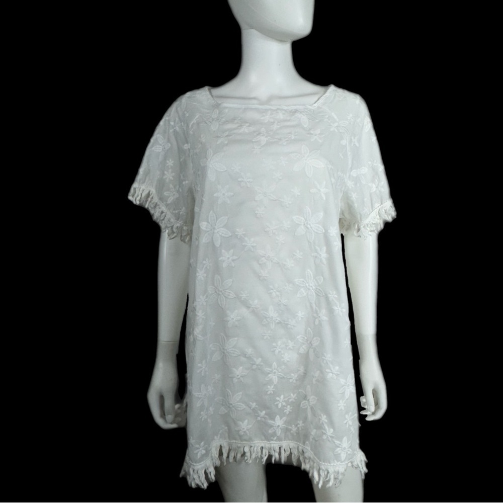 Women’s White Embroidered Floral Fringe Edge Tunic Dress